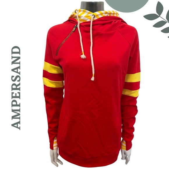 Ampersand Ave Doublehood Hoodie | Red & Yellow Striped Sleeves | Bright Size XS - Picture 1 of 10